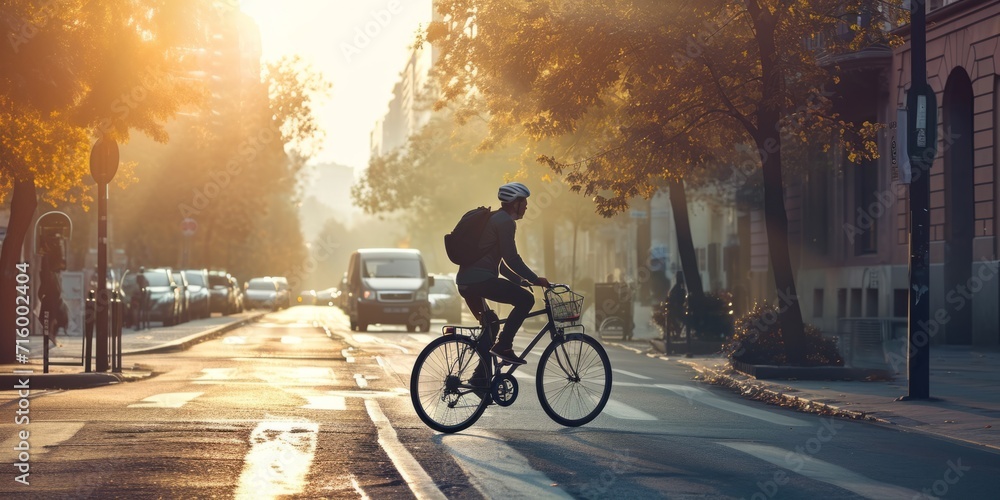 cyclist rides through the city Generative AI - obrazy, fototapety, plakaty 