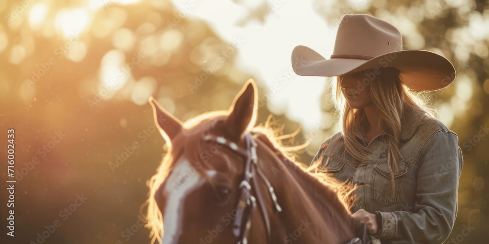 Cowgirl in a hat on a horse Generative AI - obrazy, fototapety, plakaty 