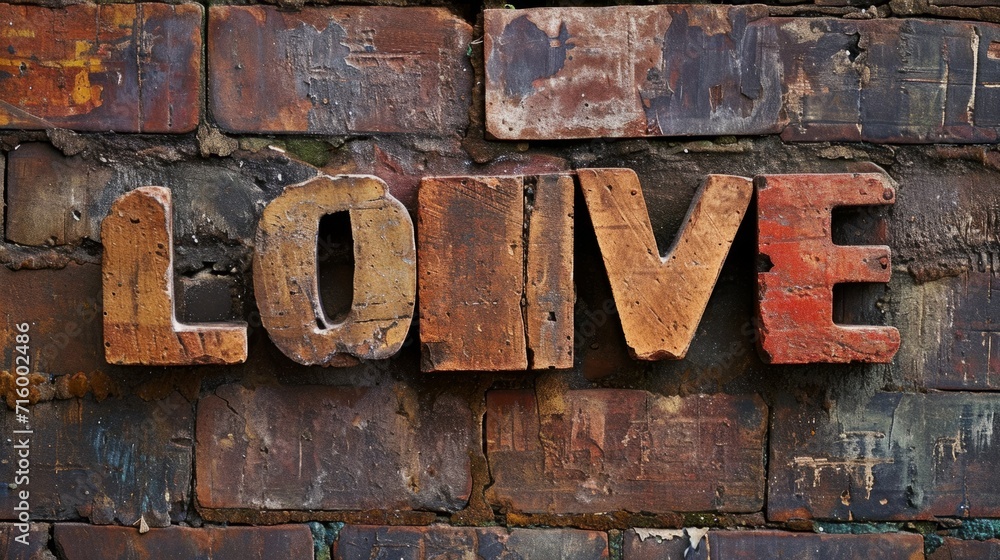 Ancient Brick Love concept creative horizontal art poster. Photorealistic textured word Love on artistic background. Horizontal Illustration. Ai Generated Romance and Passion Symbol.