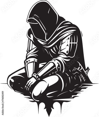 Noir Lament Black Icon Design for Vector Sad Knight Soldier Emblem Tearful Templar Iconic Sad Knight Soldier Logo in Black Vector