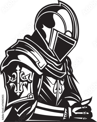 Despondent Defender Elegant Vector Sad Knight Soldier Logo in Black Noir Lament Black Vector Icon Design for Sad Knight Soldier