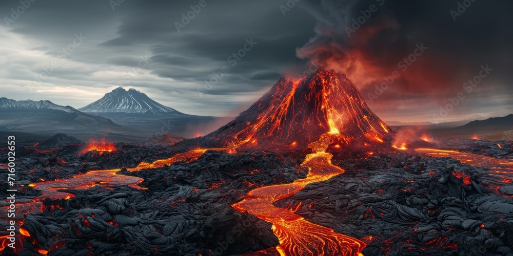 volcano eruption lava flows Generative AI - obrazy, fototapety, plakaty 