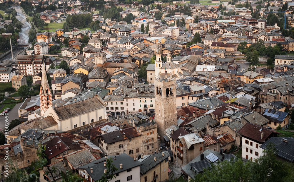 Ancient city from above. Aerial view of Bormio. Italy