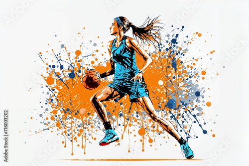 Young woman basketball player with ball. Abstract grunge background. Girl playing basketball. © vachom
