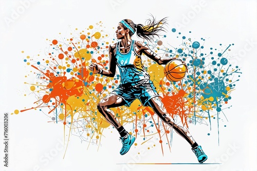 Young woman basketball player with ball. Abstract grunge background. Girl playing basketball.