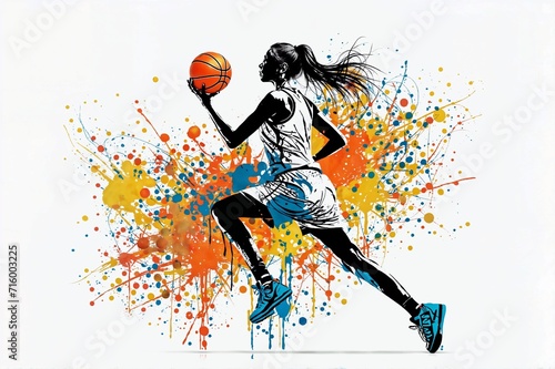 Young woman basketball player with ball. Abstract grunge background. Girl playing basketball. photo