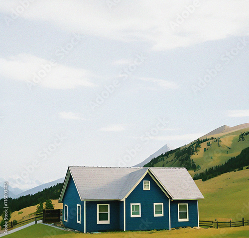 House in the mountains. Colorful illustration, background, wallpaper. Landscape with mountains. Card, flyer design  © SuFiSa
