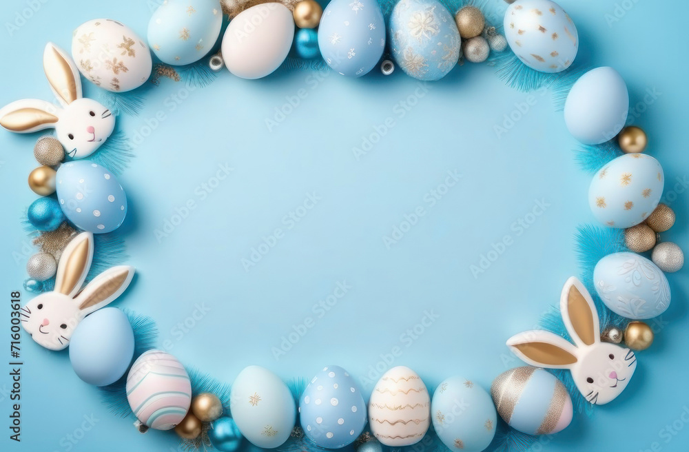 Easter egg flatlay in top view, adorned with bunny decorations and providing a blank canvas in the copy space for customization,blue gold tones.