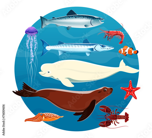 Cartoon sea animals and ocean fish. Vector salmon, shrimp, jellyfish and beluga whale, clownfish, seal, pike, lobster, starfish, prawn and cuttlefish. Cute marine animals characters with blue waves