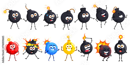 Cartoon bomb characters and wick fuse, explosive weapon personages with burst, vector icons. Bombs with face smile, cute funny explosion boom emoticons and emoji happy or scared with burning wick fuse photo