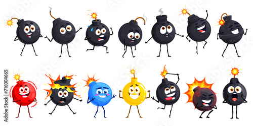 Cartoon bomb characters and wick fuse, explosive weapon personages with burst, vector icons. Bombs with face smile, cute funny explosion boom emoticons and emoji happy or scared with burning wick fuse
