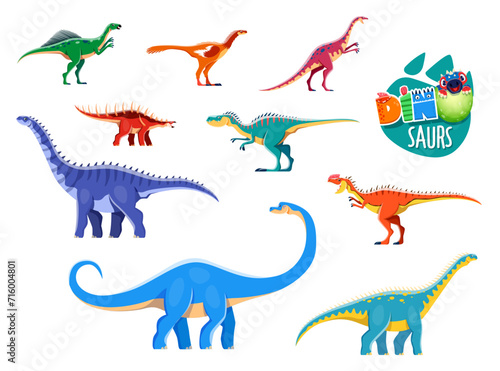 Isolated cartoon dinosaur characters. Extinct dinosaur, prehistoric reptile or lizard. Anchisaurus, Zephyrosaurus, Kentrosaurus and Barapasaurus, Monolophosaurus, Dubreuillosaurus vector personages