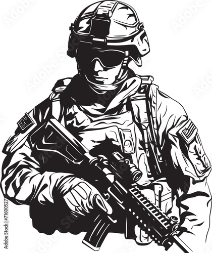 Commando Precision Elegant Soldier with Gun Logo in Vector Black Strategic Defender Vector Black Icon Design for Soldier Holding Gun