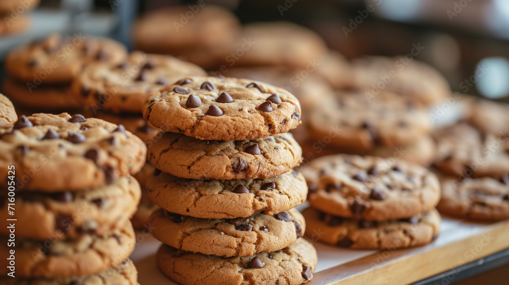 Numerous stacks of chocolate chip cookies Numerous stacks of chocolate chip cookies