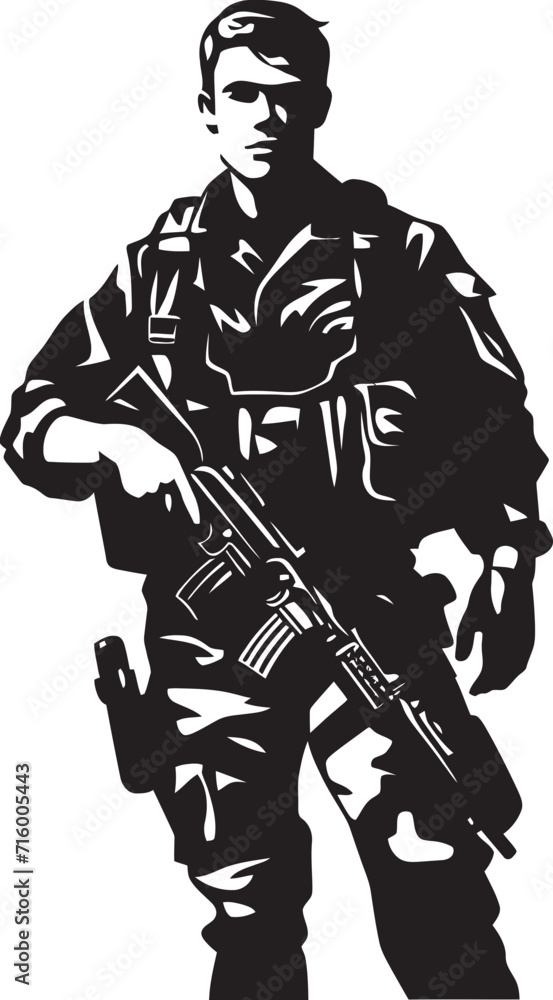 Fototapeta premium Battle Ready Defender Elegant Vector Soldier Holding Gun Logo Commando Vigilance Vector Black Icon Design for Soldier with Gun
