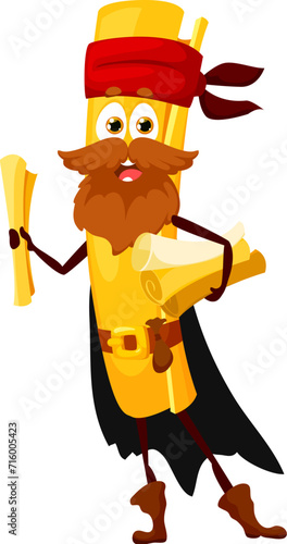 Cartoon funny Casarecce italian pasta pirate and corsair character. Isolated vector swashbuckling noodle filibuster personage with twirled mustaches, bandana hat, and parchment scrolls, or maps