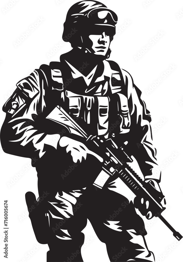 Battle Ready Vigilance Vector Black Icon Design for Soldier with Gun Commando Defender Elegant Soldier Holding Gun Logo in Vector Black Battle Ready Vigilance Vector Black Icon Design for Soldier with Gun Commando Defender Elegant Soldier Holding Gun Logo in Vector Black