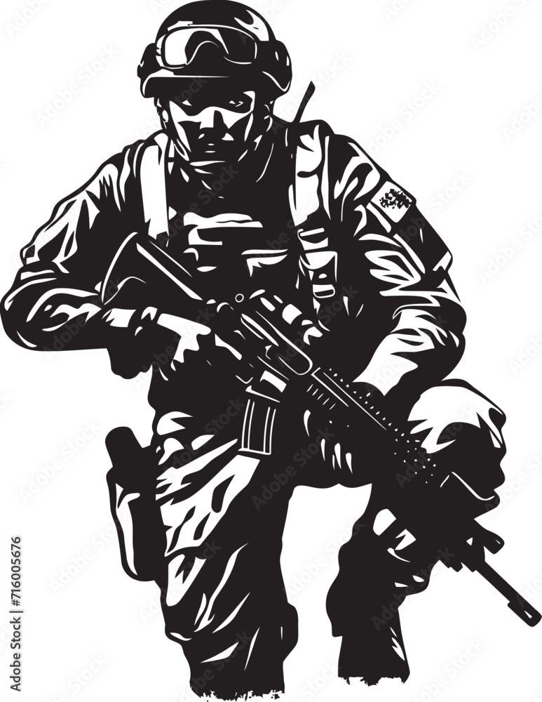 Fototapeta premium Battle Ready Precision Elegant Soldier Holding Gun Logo in Vector Black Commando Guardian Vector Black Icon Design for Soldier with Gun