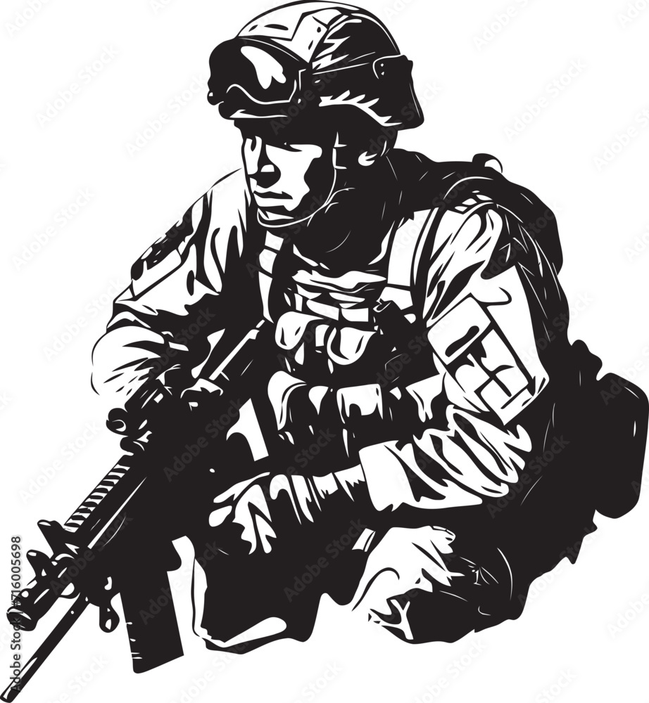 Combat Precision Vector Black Icon Design for Soldier Emblem Tactical Guardian Elegant Soldier with Gun Emblem in Vector Black Combat Precision Vector Black Icon Design for Soldier Emblem Tactical Guardian Elegant Soldier with Gun Emblem in Vector Black