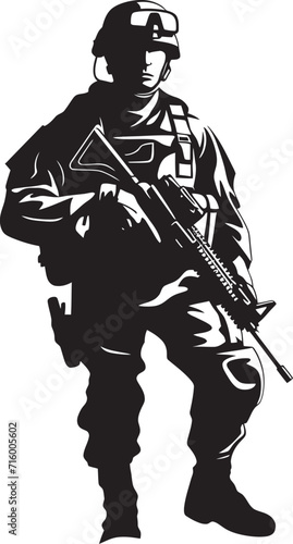 Battle Ready Guardian Elegant Soldier with Gun Emblem in Vector Black Commando Vigilance Vector Black Icon Design for Soldier Holding Gun