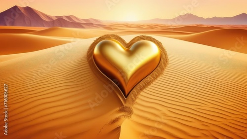 Golden big metal heart on the sand in the desert. The concept of love for travel and warm countries. Valentine's Day