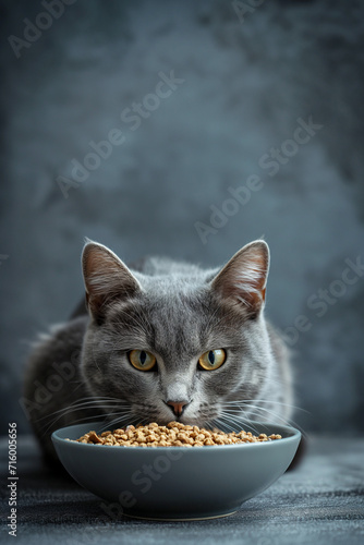 grey cat sitting and waiting food with empty grey background
