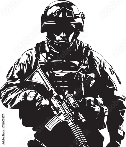 Tactical Defender Vector Black Icon Design for Soldier Holding Gun Logo Warrior Vigilance Elegant Black Iconic Soldier with Gun Emblem in Vector