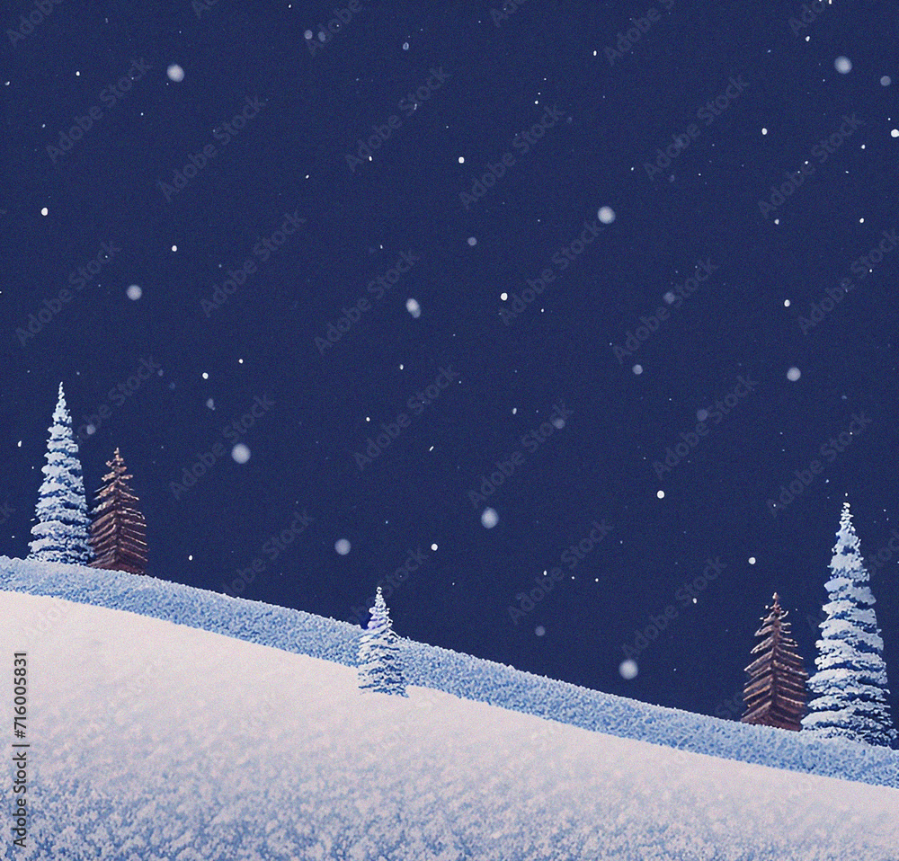 Naklejka premium Winter forest landscape at night. Colorful illustration. Background with empty copy space. Beautiful snow wallpaper. Christmas card design. New year flyer