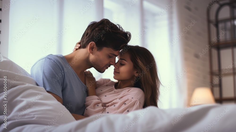 Beautiful cute young couple are kissing and hugging each other on bed in bedroom with romantic background, big banner photo on love concept Beautiful cute young couple are kissing and hugging each other on bed in bedroom with romantic background, big banner photo on love concept