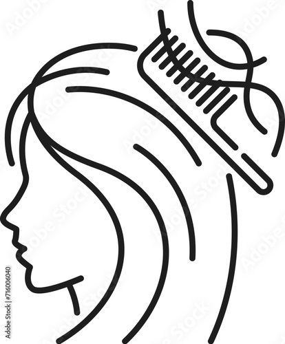 Hair loss outline icon, hair care and treatment isolated vector linear sign, features a simplified representation of a female head with thinning or falling hair on comb, symbolizing beauty issue photo
