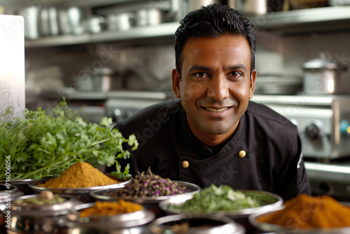 An Indian chef in his kitchen smiling at the camera displaying fresh Indian herbs and spices