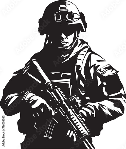 Battle Ready Guardian Vector Soldier with Gun Black Icon in Elegant Style Commando Precision Elegant Vector Design for Soldier Holding Gun Logo