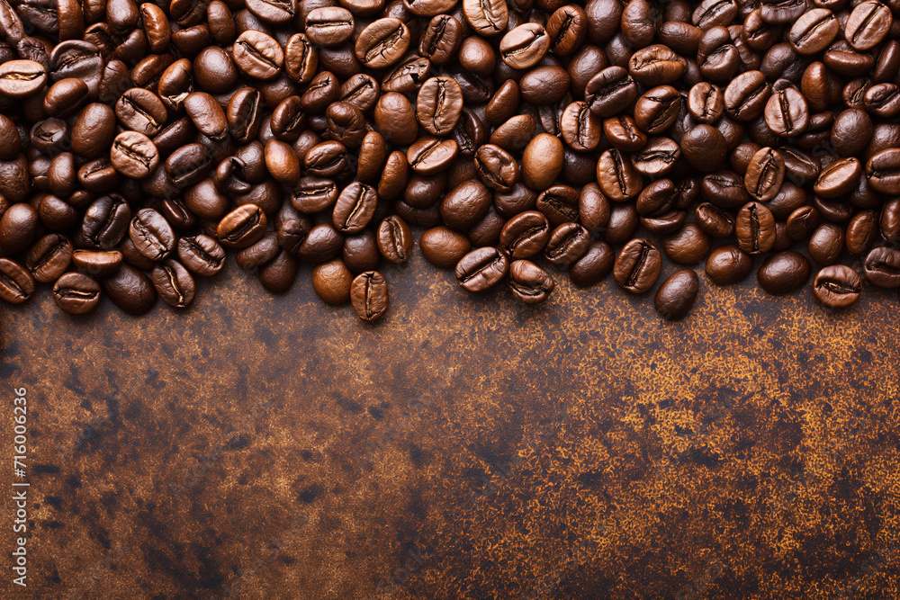 a lot of coffee beans lying on top of each other, for the background, top view, empty space from below a lot of coffee beans lying on top of each other, for the background, top view, empty space from below