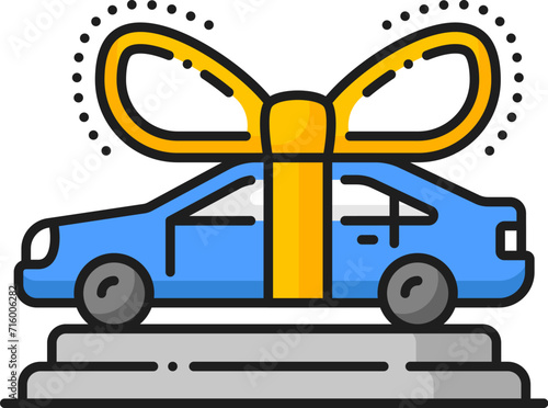 Car gift line icon for dealership and vehicle buy or auto dealer salon, outline vector. Premium cars shop or automotive store showroom line icon of gift car with ribbon for automotive trade center