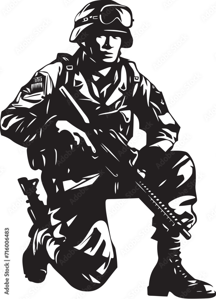 Tactical Precision Vector Black Icon Design for Soldier with Gun Warrior Vigilance Black Iconic Soldier Holding Gun Emblem in Vector Tactical Precision Vector Black Icon Design for Soldier with Gun Warrior Vigilance Black Iconic Soldier Holding Gun Emblem in Vector