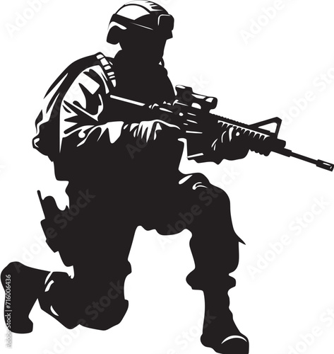 Strategic Sentinel Vector Soldier with Gun Black Icon Design Combat Guardian Elegant Black Iconic Soldier Holding Gun in Vector