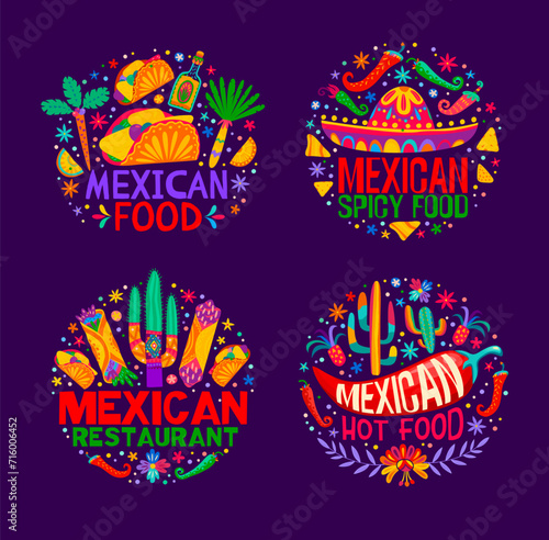 Mexican cuisine icons of burrito, taco and sombrero, Mexico restaurant menu vector signs. Tex Mex and Mexican cuisine fast food symbols of tequila, cactus and nachos with colorful floral ornament