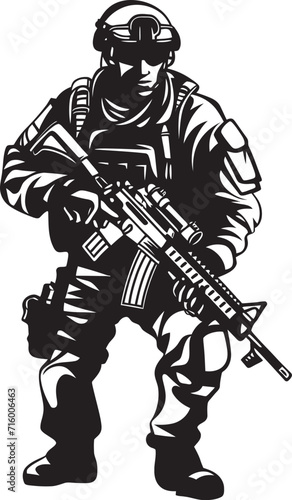 Armed Defender Elegant Vector Design for Soldier with Gun Logo Battle Ready Guardian Black Iconic Soldier Holding Gun in Vector