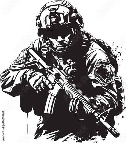 Armed Vigilance Elegant Black Iconic Soldier with Gun Logo in Vector Battle Ready Precision Vector Black Icon Design for Soldier with Gun