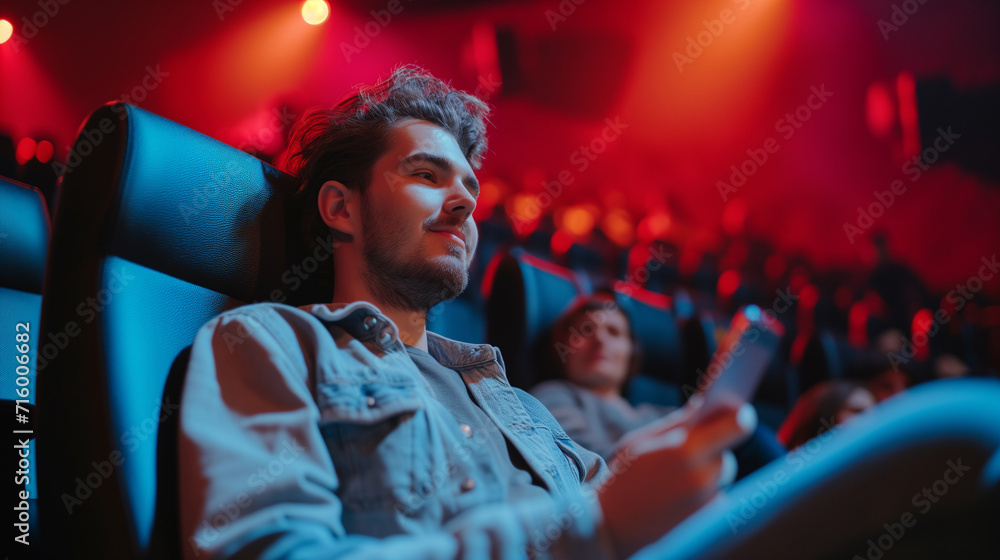 Man in Movie Theater Looking at his Phone