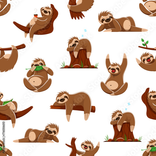 Cartoon sloth character seamless pattern, vector background with cute lazy sleeping animal. Sloth pattern or tropical jungle sleepy bear hanging on tree, sleeping or snooze and drinking coffee © Vector Tradition