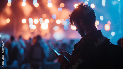 Man at Music Festival Looks at his Phone