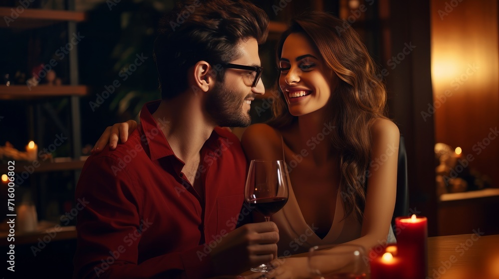 Beautiful young couple with glasses of red wine spending time together at home, restaurant, going out. Romantic date for anniversary celebration, Valentine`s day, birthday 