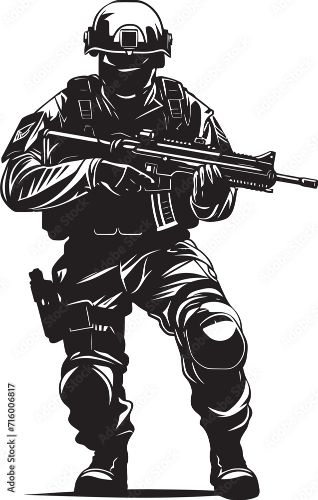 Fototapeta premium Combat Vigilance Black Iconic Soldier with Gun Emblem in Vector Tactical Commando Elegant Vector Soldier Holding Gun Logo