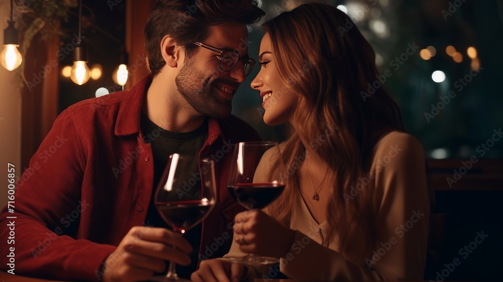 Beautiful young couple with glasses of red wine spending time together at home, restaurant, going out. Romantic date for anniversary celebration, Valentine`s day, birthday 