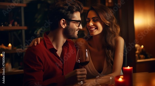 Beautiful young couple with glasses of red wine spending time together at home  restaurant  going out. Romantic date for anniversary celebration  Valentine s day  birthday 