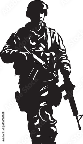 Strategic Guardian Vector Soldier Holding Gun Black Icon Emblem Combat Sentinel Elegant Black Vector Soldier with Gun Logo © BABBAN