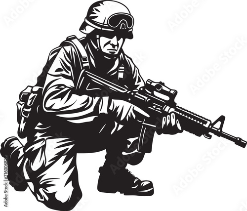 Warrior Vigilance Elegant Soldier Holding Gun Logo in Vector Black Commando Defender Vector Black Iconic Soldier with Gun Emblem