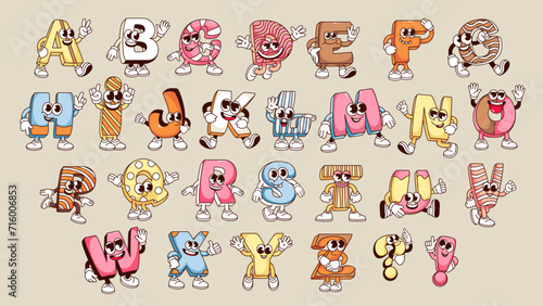 Groovy alphabet letters cartoon characters set. Funny retro ABC mascot collection, cartoon letters of bubble comic font and cute pattern, psychedelic typography stickers of 70s 80s vector illustration