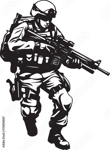 Armed Sentinel Elegant Vector Design for Soldier Holding Gun Logo Battle Ready Vigilance Black Iconic Soldier with Gun Emblem in Vector